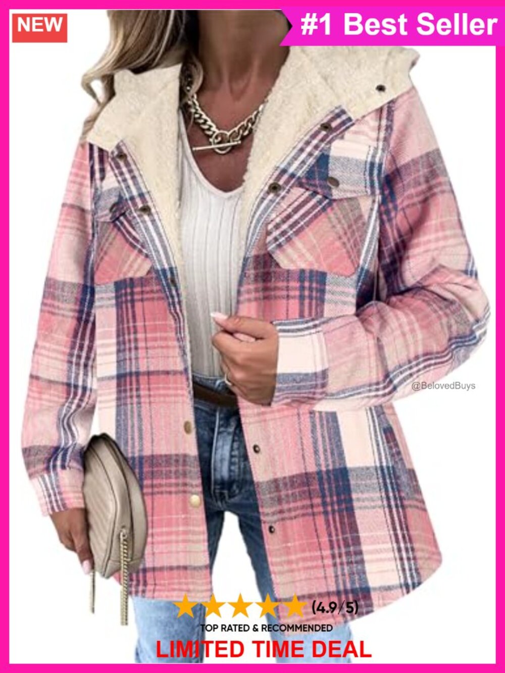 Zeagoo Womens Plaid Shacket Fleece Lined Hooded Button Casual Jacket